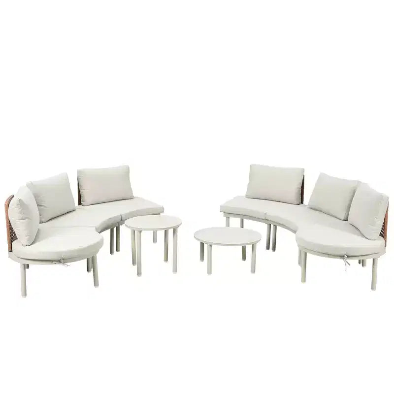 MAYEERTY 8 Pieces Patio Sofa Furniture Set, Half Moon Outdoor Sectional Sofa with 2 High-Low Coffee Tables 6 Pillows & Cushions Beige