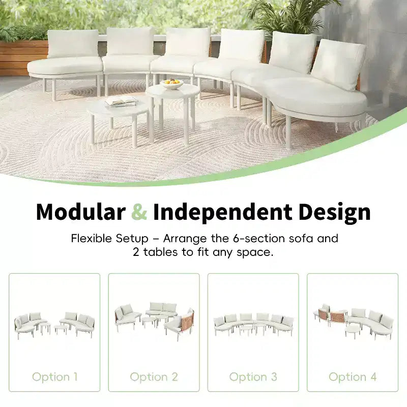 MAYEERTY 8 Pieces Patio Sofa Furniture Set, Half Moon Outdoor Sectional Sofa with 2 High-Low Coffee Tables 6 Pillows & Cushions Beige