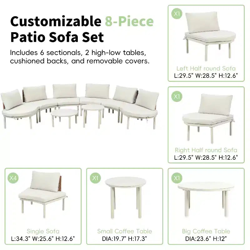 MAYEERTY 8 Pieces Patio Sofa Furniture Set, Half Moon Outdoor Sectional Sofa with 2 High-Low Coffee Tables 6 Pillows & Cushions Beige