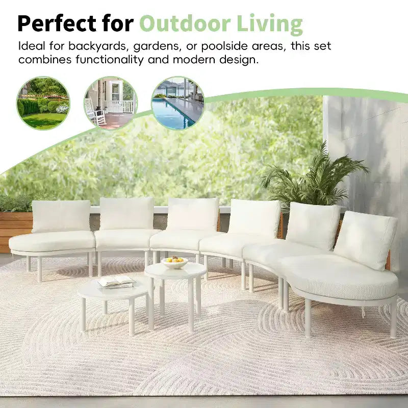 MAYEERTY 8 Pieces Patio Sofa Furniture Set, Half Moon Outdoor Sectional Sofa with 2 High-Low Coffee Tables 6 Pillows & Cushions Beige