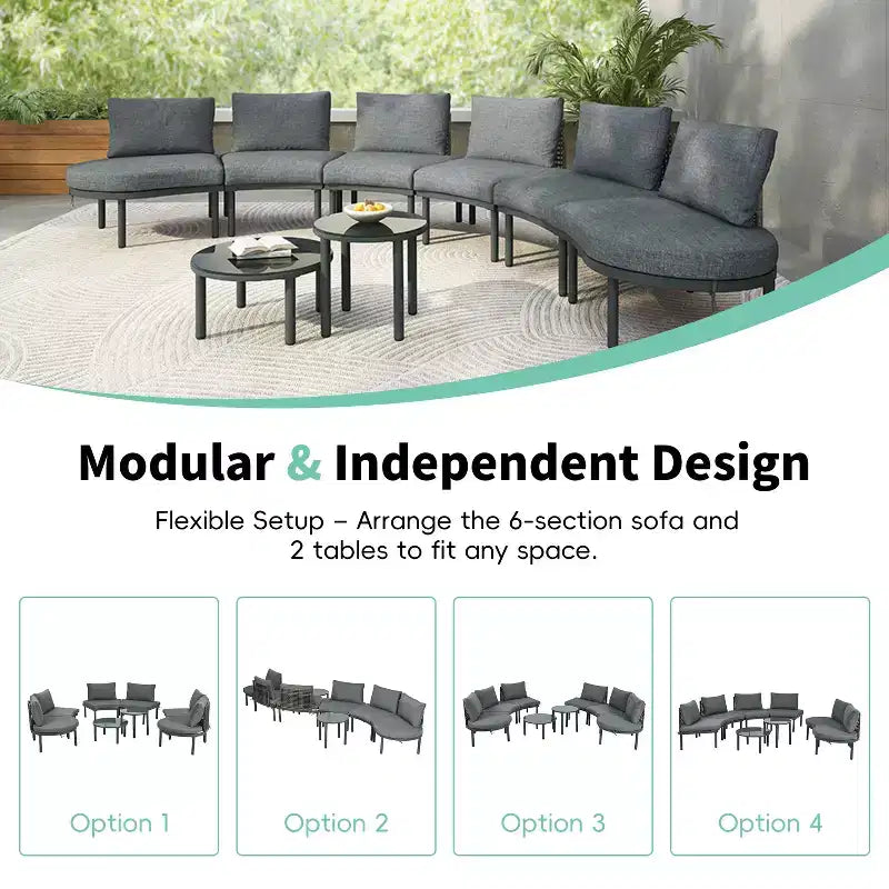 MAYEERTY 8 Pieces Patio Sofa Furniture Set, Half Moon Outdoor Sectional Sofa with 2 High-Low Coffee Tables 6 Pillows & Cushions Gray
