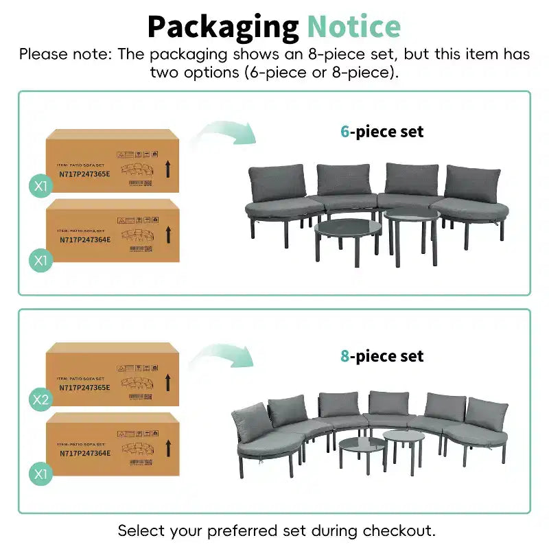 MAYEERTY 8 Pieces Patio Sofa Furniture Set, Half Moon Outdoor Sectional Sofa with 2 High-Low Coffee Tables 6 Pillows & Cushions Gray