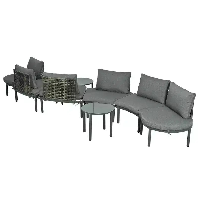 MAYEERTY 8 Pieces Patio Sofa Furniture Set, Half Moon Outdoor Sectional Sofa with 2 High-Low Coffee Tables 6 Pillows & Cushions Gray
