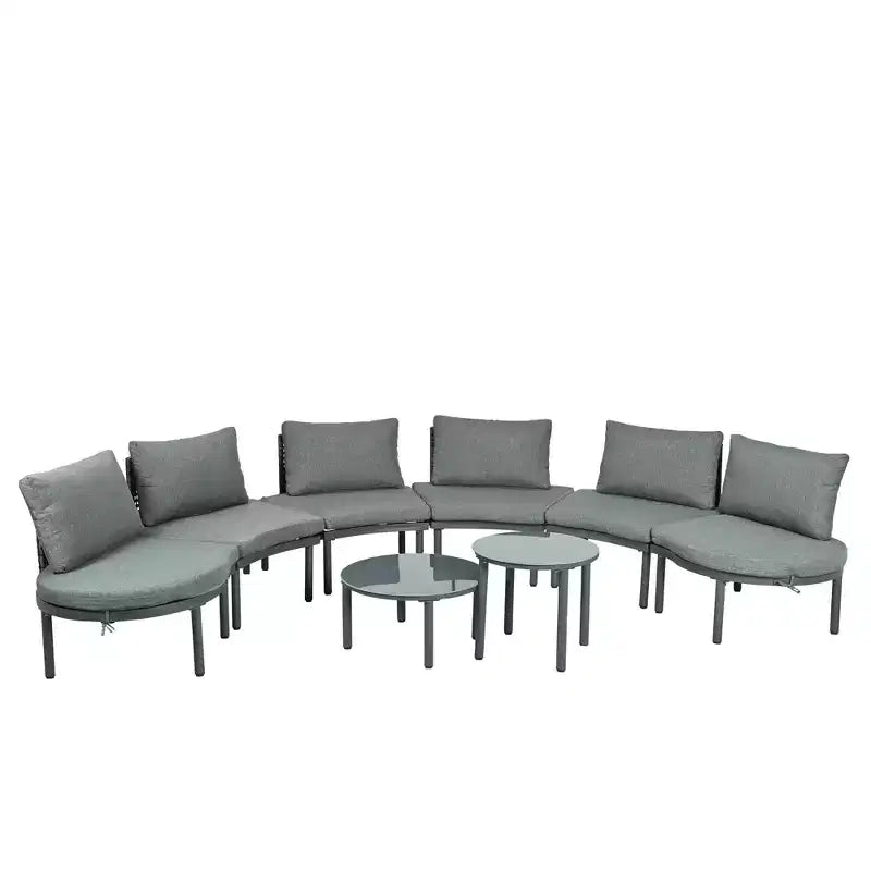MAYEERTY 8 Pieces Patio Sofa Furniture Set, Half Moon Outdoor Sectional Sofa with 2 High-Low Coffee Tables 6 Pillows & Cushions Gray