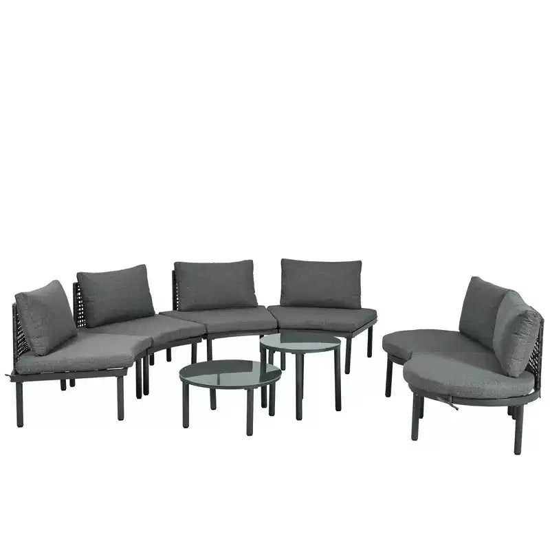 MAYEERTY 8 Pieces Patio Sofa Furniture Set, Half Moon Outdoor Sectional Sofa with 2 High-Low Coffee Tables 6 Pillows & Cushions Gray