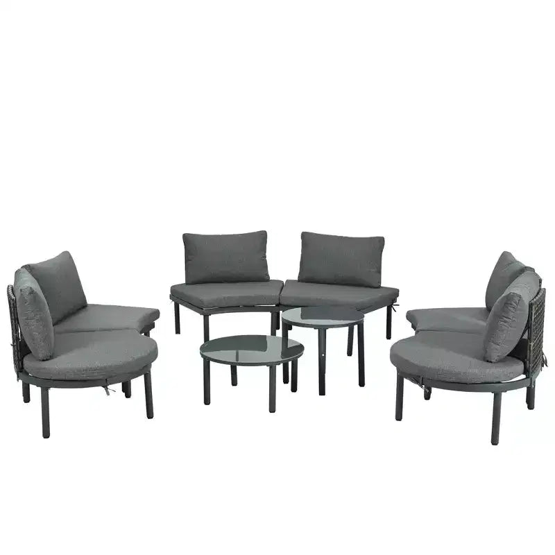 MAYEERTY 8 Pieces Patio Sofa Furniture Set, Half Moon Outdoor Sectional Sofa with 2 High-Low Coffee Tables 6 Pillows & Cushions Gray