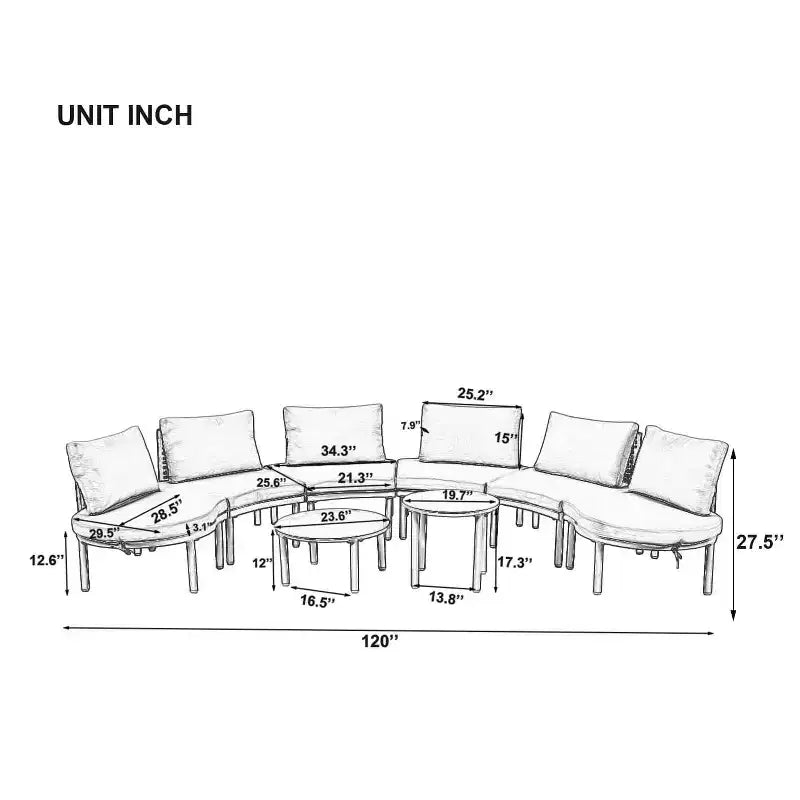MAYEERTY 8 Pieces Patio Sofa Furniture Set, Half Moon Outdoor Sectional Sofa with 2 High-Low Coffee Tables 6 Pillows & Cushions Gray