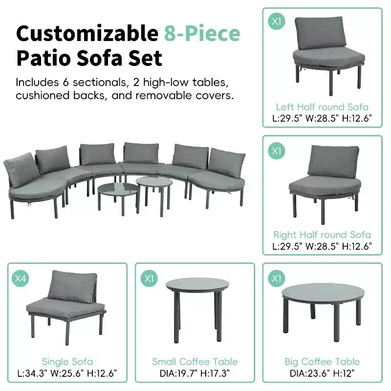 MAYEERTY 8 Pieces Patio Sofa Furniture Set, Half Moon Outdoor Sectional Sofa with 2 High-Low Coffee Tables 6 Pillows & Cushions Gray