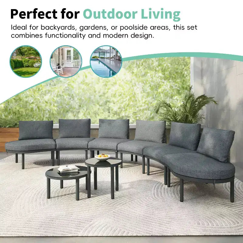 MAYEERTY 8 Pieces Patio Sofa Furniture Set, Half Moon Outdoor Sectional Sofa with 2 High-Low Coffee Tables 6 Pillows & Cushions Gray