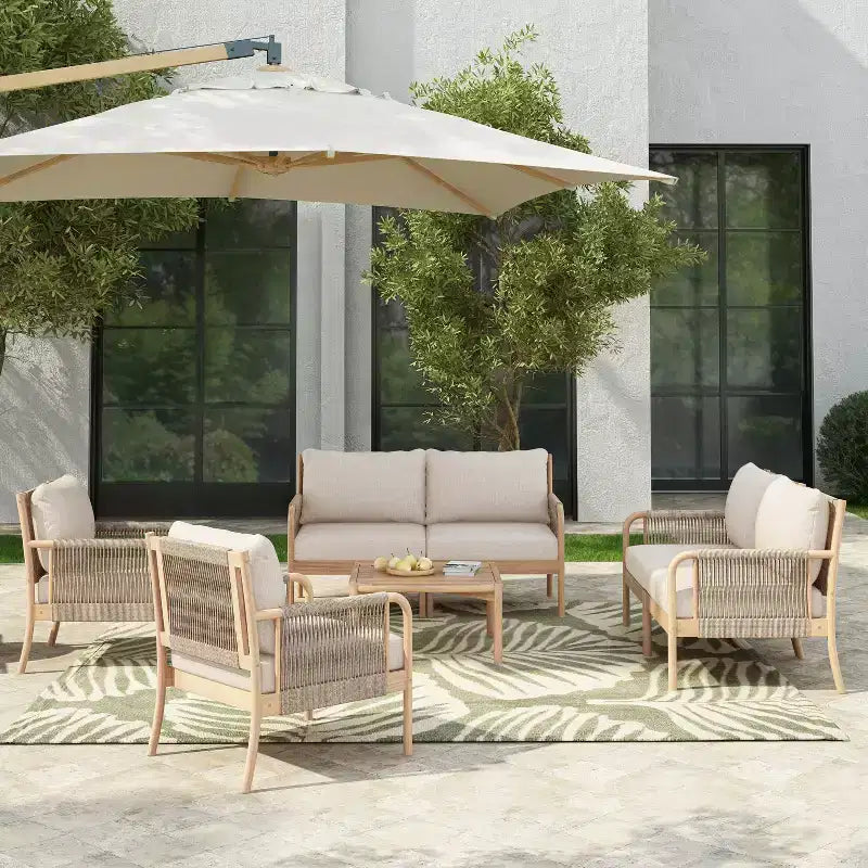 Christopher Knight Home Kazuya Farmhouse 7 Piece Acacia Wood Patio Seating Set with Woven Rope