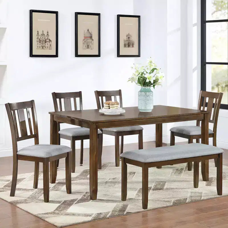 sumyeg 6 Piece Rectangular Dining Table Set with Chairs and Bench for Kitchen or Dining Room