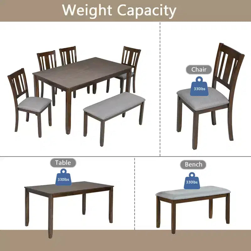 sumyeg Ensemble de 6 pièces de table à manger rectangulaire avec chaises et banc pour cuisine ou salle à manger