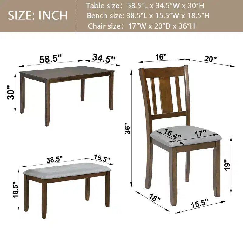 sumyeg Ensemble de 6 pièces de table à manger rectangulaire avec chaises et banc pour cuisine ou salle à manger