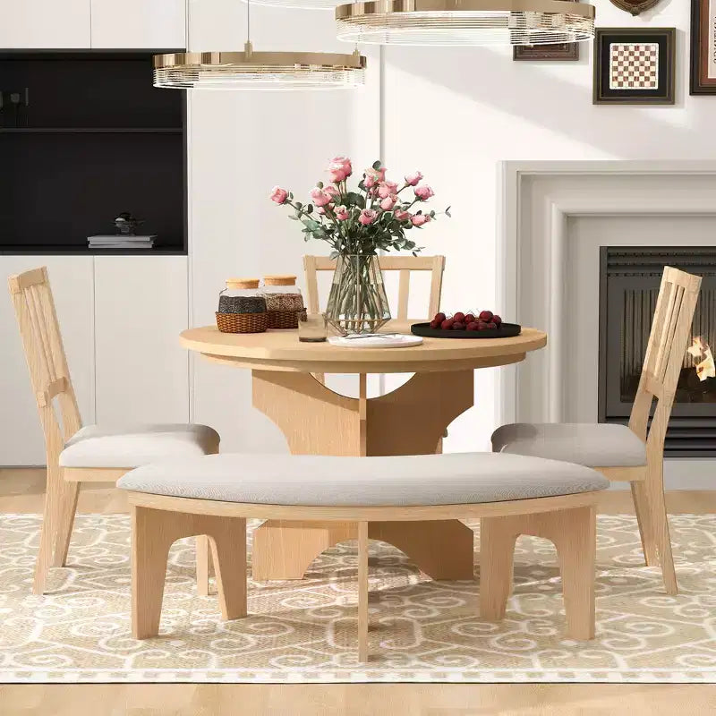 GDFStudio Agnes 5 Piece Rustic Round Dining Set with Upholstered Chairs and Curved Bench