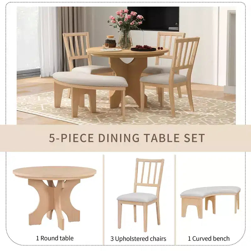 GDFStudio Agnes 5 Piece Rustic Round Dining Set with Upholstered Chairs and Curved Bench