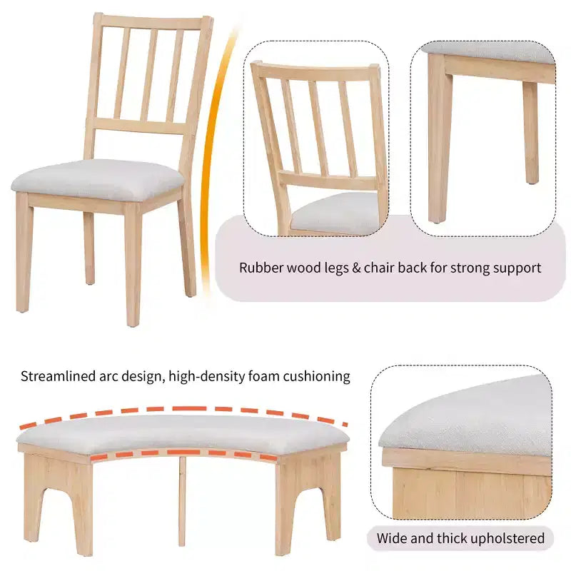 GDFStudio Agnes 5 Piece Rustic Round Dining Set with Upholstered Chairs and Curved Bench