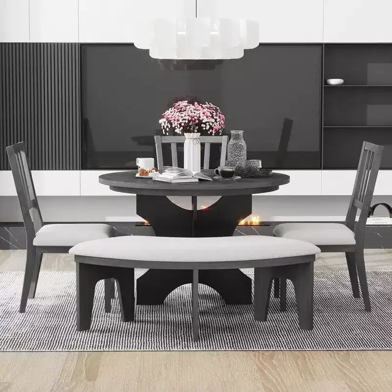 GDFStudio Agnes 5 Piece Rustic Round Dining Set with Upholstered Chairs and Curved Bench