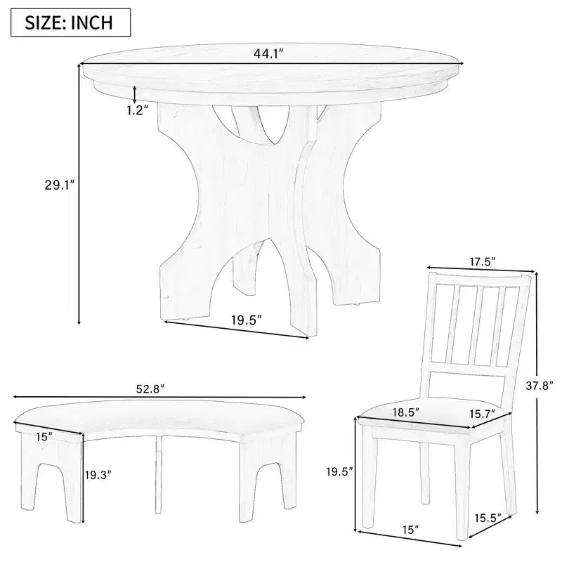 GDFStudio Agnes 5 Piece Rustic Round Dining Set with Upholstered Chairs and Curved Bench