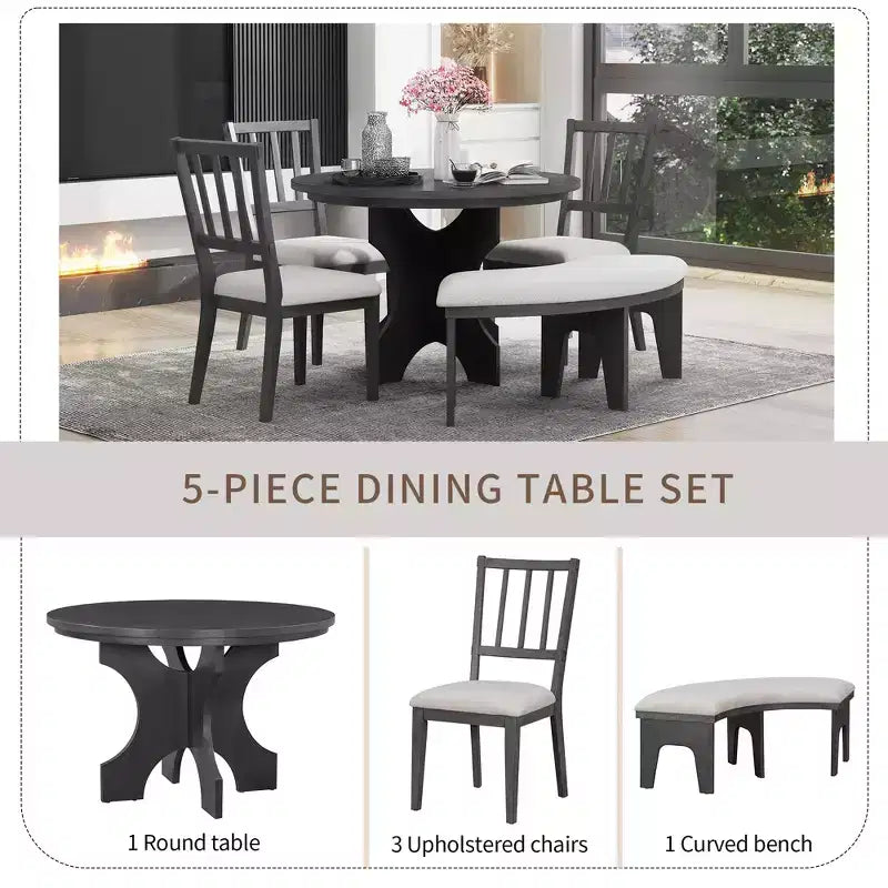 GDFStudio Agnes 5 Piece Rustic Round Dining Set with Upholstered Chairs and Curved Bench