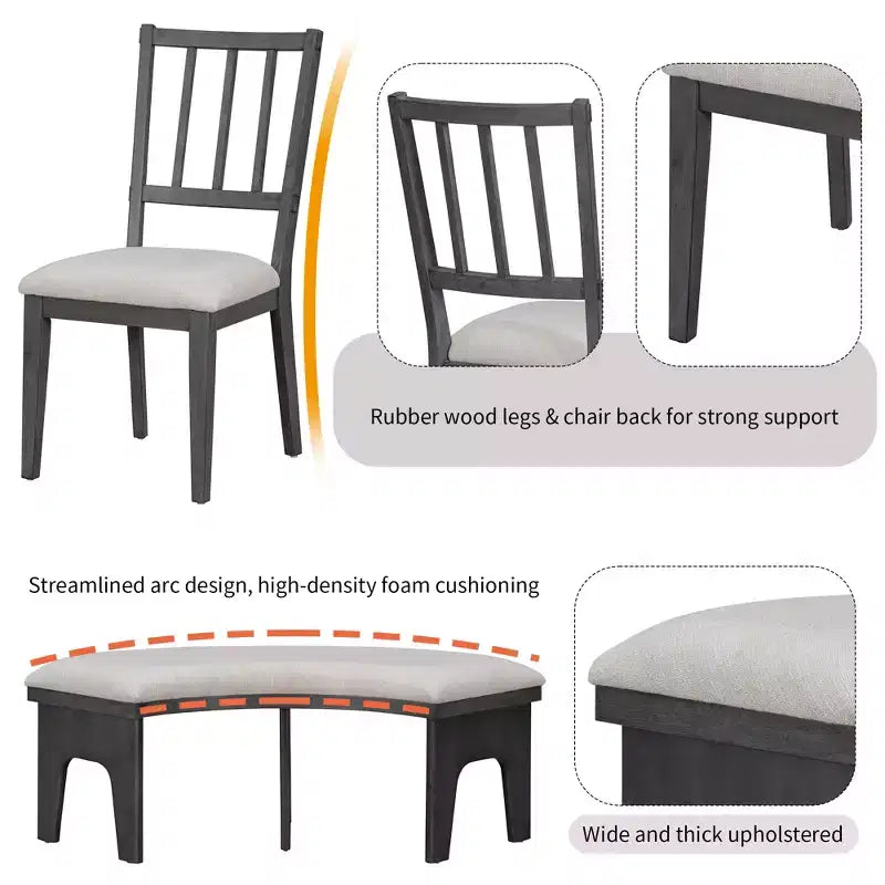 GDFStudio Agnes 5 Piece Rustic Round Dining Set with Upholstered Chairs and Curved Bench
