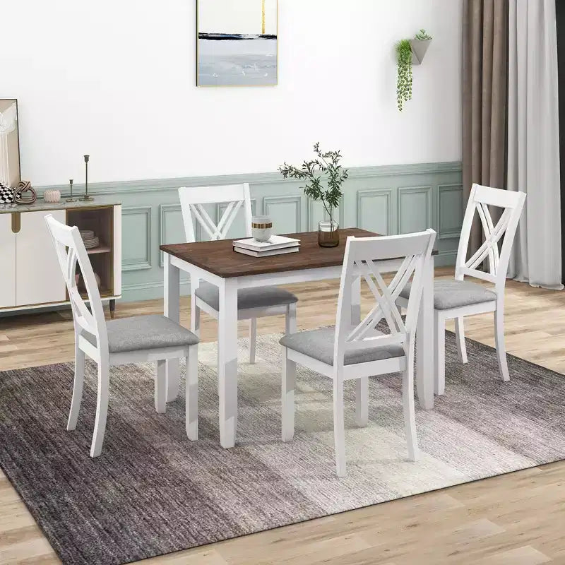 GDFStudio Tierney Rustic Rubberwood 5 Piece Upholstered Dining Set with 4 X-Back Chairs