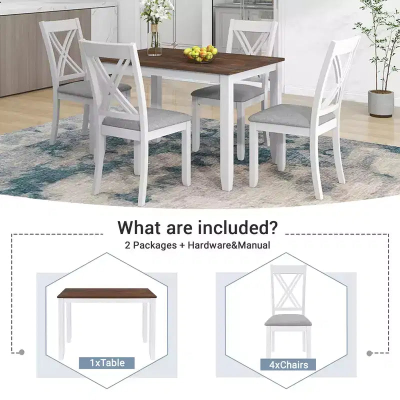 GDFStudio Tierney Rustic Rubberwood 5 Piece Upholstered Dining Set with 4 X-Back Chairs