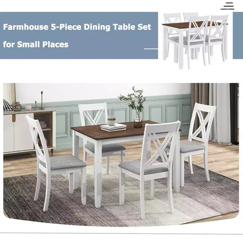 GDFStudio Tierney Rustic Rubberwood 5 Piece Upholstered Dining Set with 4 X-Back Chairs