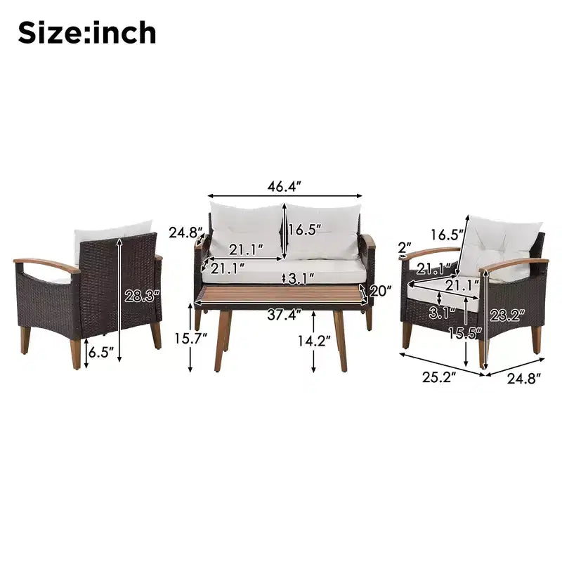 GDFStudio Amelia Patio Modern Farmhouse 4-Piece PE Rattan Modular Seating Set with Acacia Wood Coffee Table and Cushions