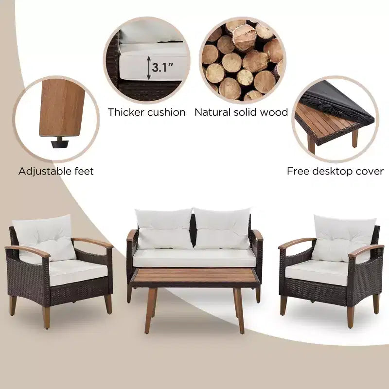 GDFStudio Amelia Patio Modern Farmhouse 4-Piece PE Rattan Modular Seating Set with Acacia Wood Coffee Table and Cushions