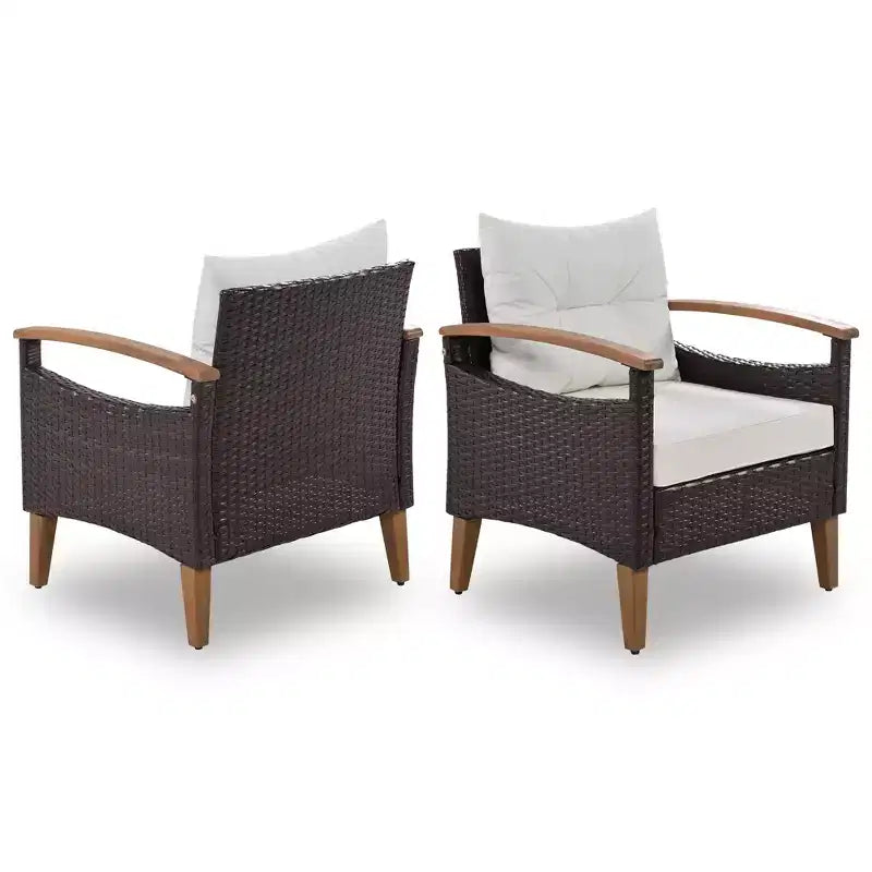 GDFStudio Amelia Patio Modern Farmhouse 4-Piece PE Rattan Modular Seating Set with Acacia Wood Coffee Table and Cushions