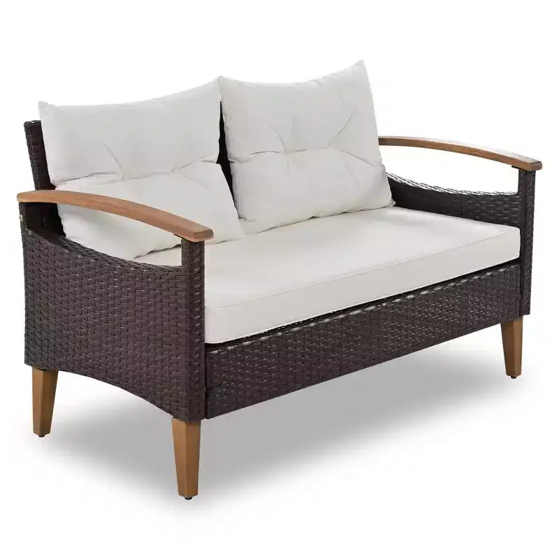 GDFStudio Amelia Patio Modern Farmhouse 4-Piece PE Rattan Modular Seating Set with Acacia Wood Coffee Table and Cushions