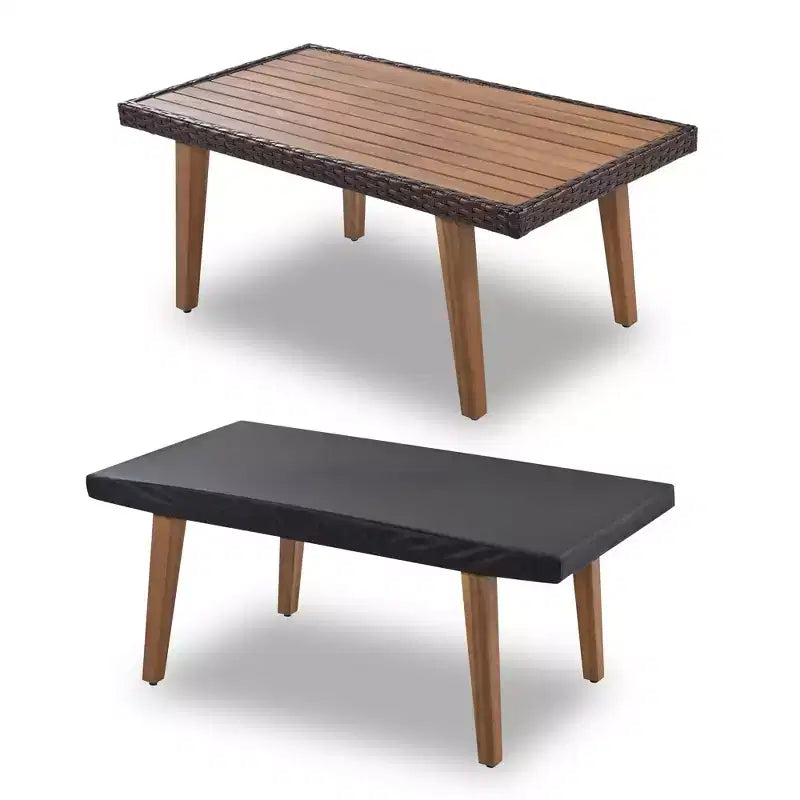 GDFStudio Amelia Patio Modern Farmhouse 4-Piece PE Rattan Modular Seating Set with Acacia Wood Coffee Table and Cushions