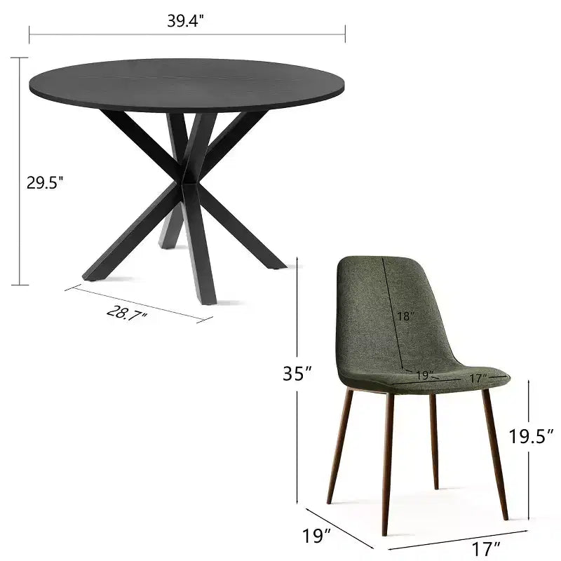 Ensemble de salle à manger 5 pièces pour 4 personnes, table à manger ronde avec pieds en métal croisés et chaises rembourrées aspect grain de chêne pour cuisine et salle à manger - Panipeachy