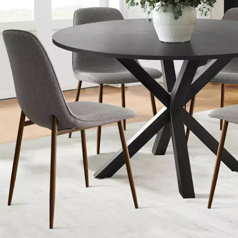 Ensemble de salle à manger 5 pièces pour 4 personnes, table à manger ronde avec pieds en métal croisés et chaises rembourrées aspect grain de chêne pour cuisine et salle à manger - Panipeachy