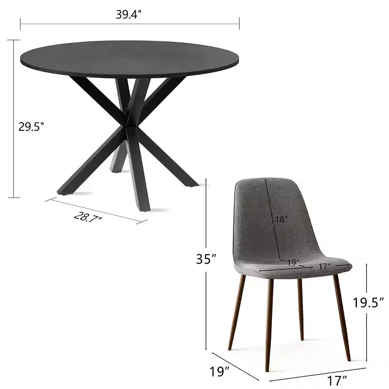 Ensemble de salle à manger 5 pièces pour 4 personnes, table à manger ronde avec pieds en métal croisés et chaises rembourrées aspect grain de chêne pour cuisine et salle à manger - Panipeachy