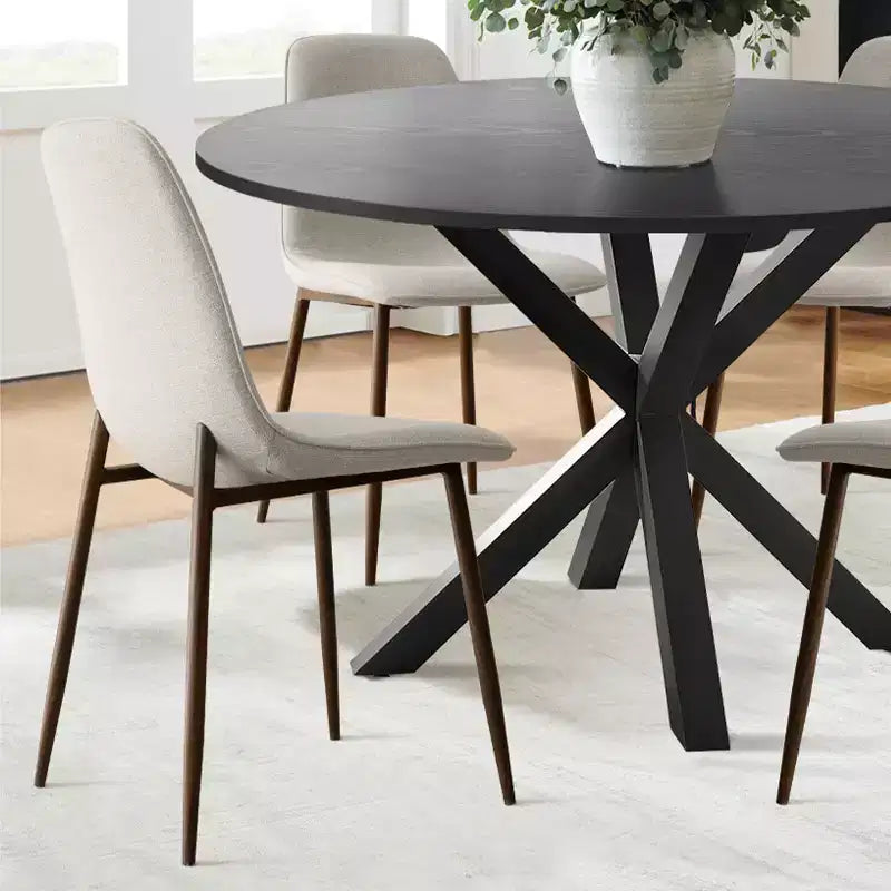 Ensemble de salle à manger 5 pièces pour 4 personnes, table à manger ronde avec pieds en métal croisés et chaises rembourrées aspect grain de chêne pour cuisine et salle à manger - Panipeachy