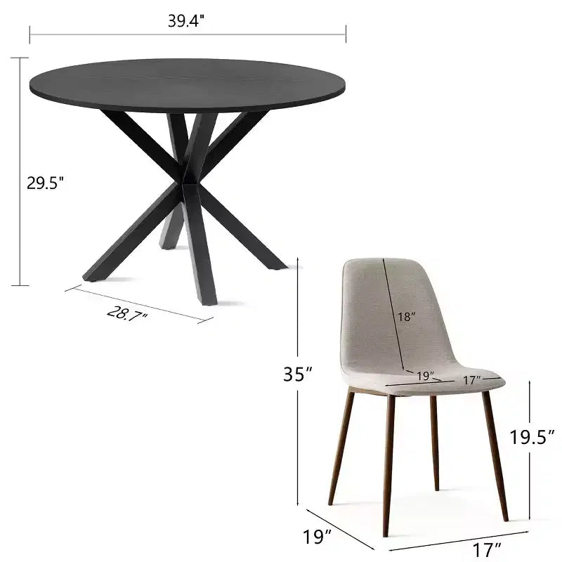 Ensemble de salle à manger 5 pièces pour 4 personnes, table à manger ronde avec pieds en métal croisés et chaises rembourrées aspect grain de chêne pour cuisine et salle à manger - Panipeachy