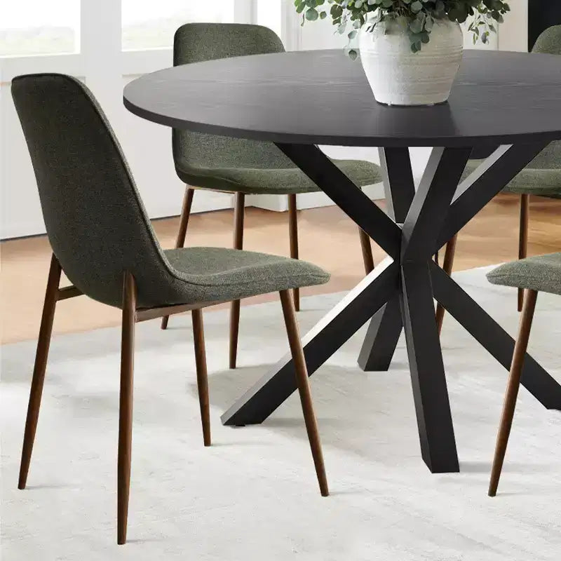 Ensemble de salle à manger 5 pièces pour 4 personnes, table à manger ronde avec pieds en métal croisés et chaises rembourrées aspect grain de chêne pour cuisine et salle à manger - Panipeachy