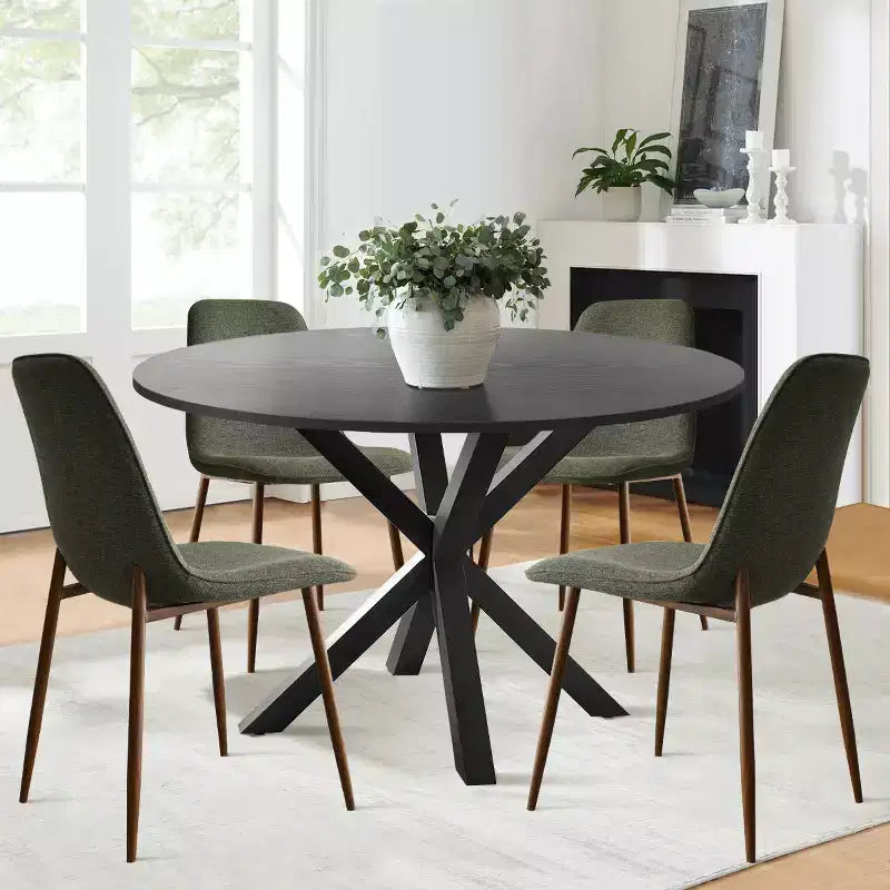 5 Pcs Dining Set for 4 Round Dining Table with Crossed Metal Legs and Oak Grain Upholstered Chairs for Kitchen and Dining Room - Panipeachy