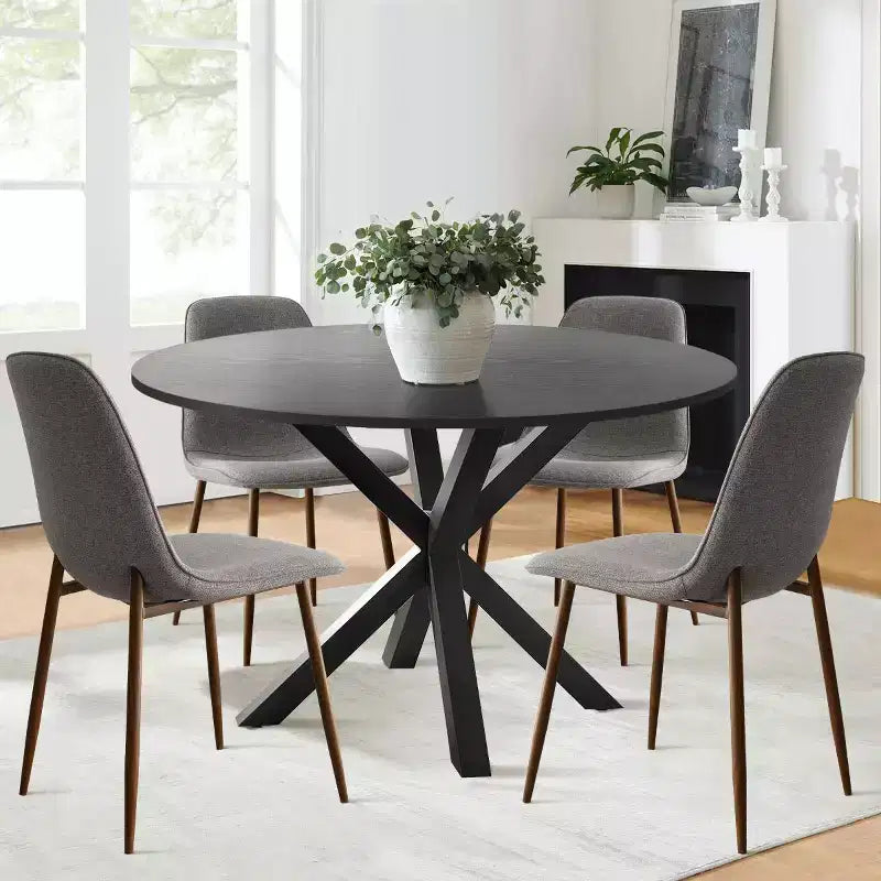 5 Pcs Dining Set for 4 Round Dining Table with Crossed Metal Legs and Oak Grain Upholstered Chairs for Kitchen and Dining Room - Panipeachy