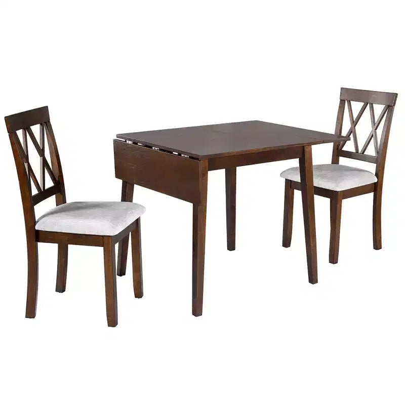 3 Piece Expandable Dining Set with 2 Upholstered Chairs, Wood Dining Table with Drop Leaf for Small Place