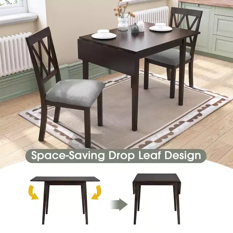 3 Piece Expandable Dining Set with 2 Upholstered Chairs, Wood Dining Table with Drop Leaf for Small Place