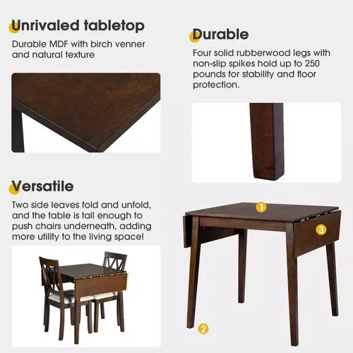 Ensemble de salle à manger extensible 3 pièces avec 2 chaises rembourrées, table à manger en bois avec abattants pour petit espace