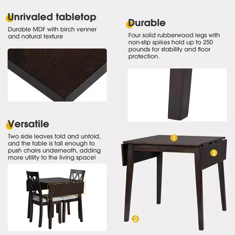 3 Piece Expandable Dining Set with 2 Upholstered Chairs, Wood Dining Table with Drop Leaf for Small Place