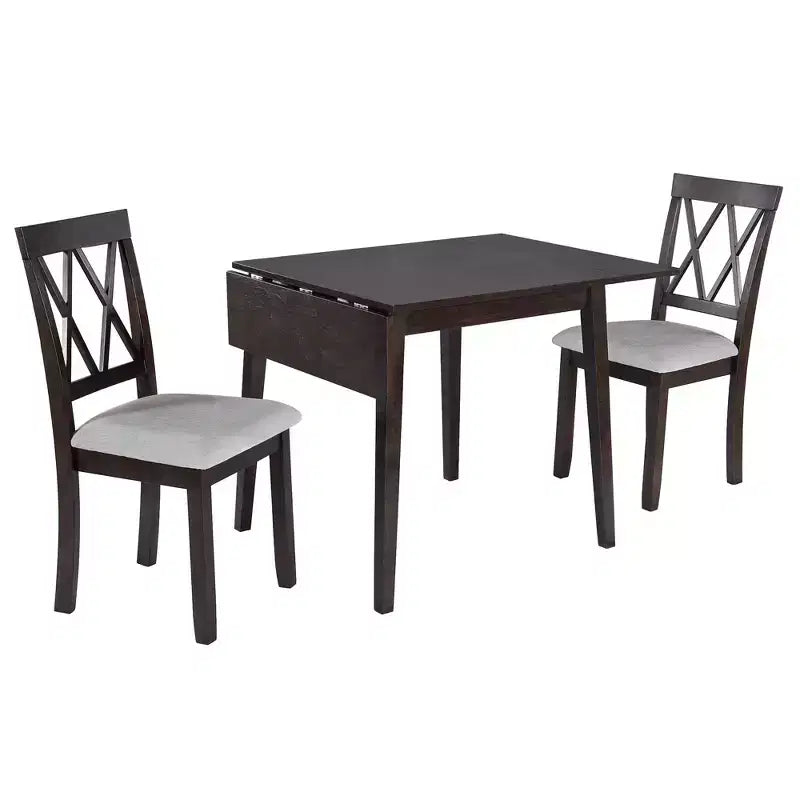 3 Piece Expandable Dining Set with 2 Upholstered Chairs, Wood Dining Table with Drop Leaf for Small Place