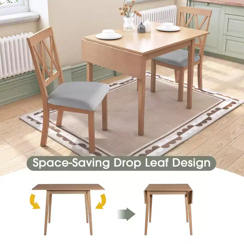 3 Piece Expandable Dining Set with 2 Upholstered Chairs, Wood Dining Table with Drop Leaf for Small Place