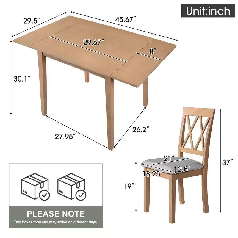 3 Piece Expandable Dining Set with 2 Upholstered Chairs, Wood Dining Table with Drop Leaf for Small Place