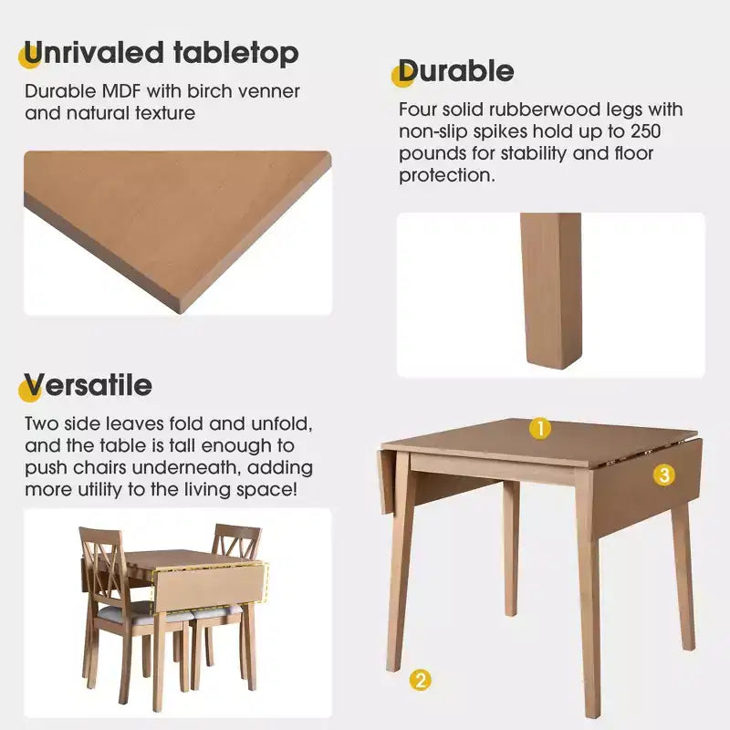 3 Piece Expandable Dining Set with 2 Upholstered Chairs, Wood Dining Table with Drop Leaf for Small Place