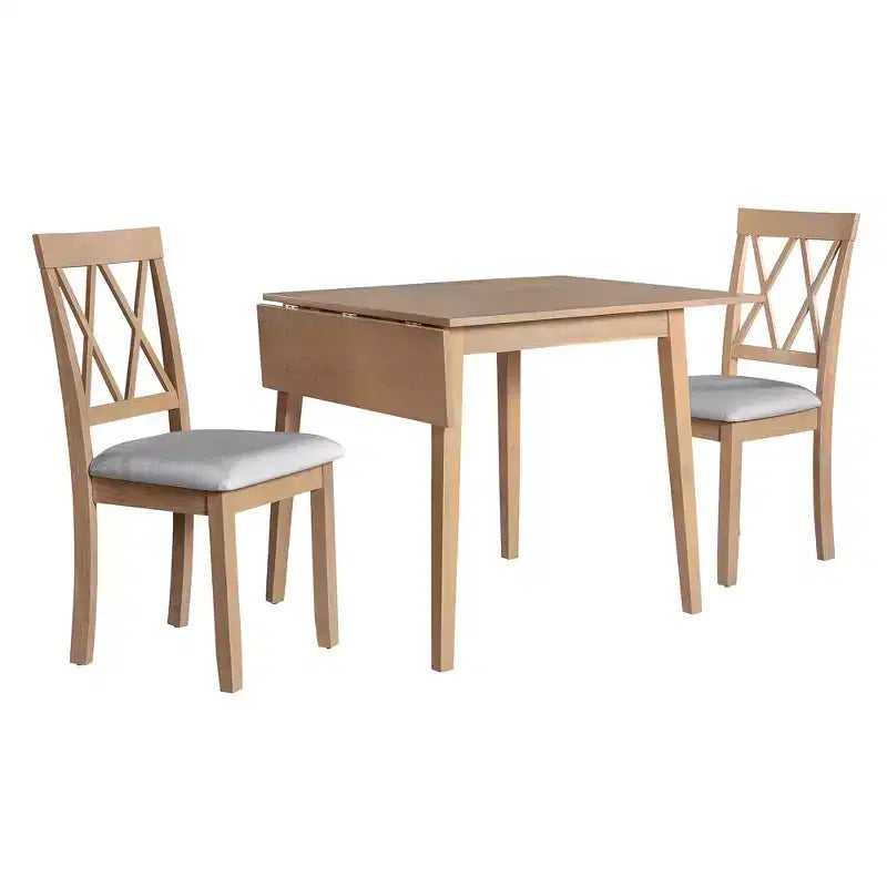 3 Piece Expandable Dining Set with 2 Upholstered Chairs, Wood Dining Table with Drop Leaf for Small Place