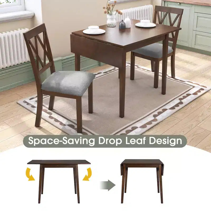 3 Piece Expandable Dining Set with 2 Upholstered Chairs, Wood Dining Table with Drop Leaf for Small Place